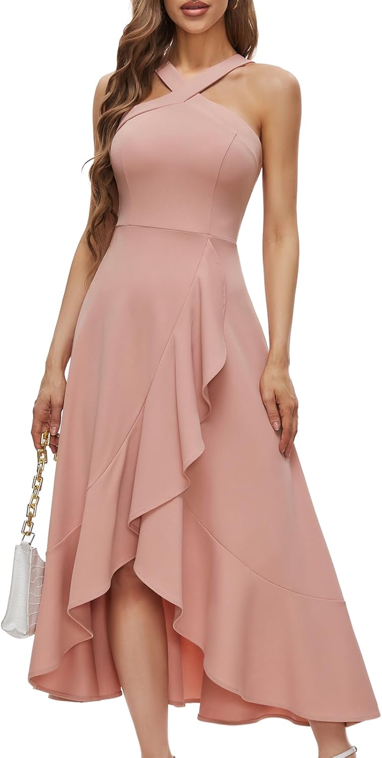 Halter Cocktail Dress for Women - Ruffled Maxi Evening Party