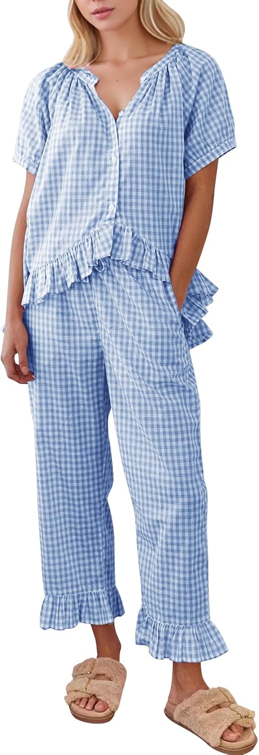 Gingham Pajama Set for Women - Cute Ruffle Sleepwear