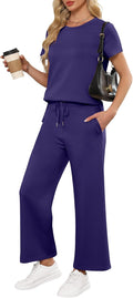 Women 2-Piece Loose Fit Lounge Set - Short Sleeve Wide Leg