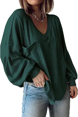 Stylish V Neck Ribbed Knitted Pullover Tops for Women