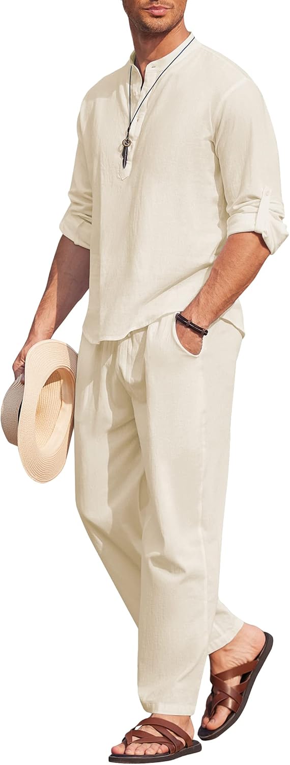 COOFANDY Men's Cotton Linen Set for Casual Summer Outfits