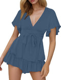 Floral Deep V-Neck Romper with Waist Tie - Flattering Summer Romper