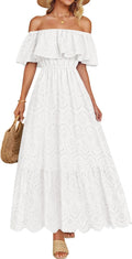 ZESICA Off Shoulder Ruffle Midi Dress - Flowy Eyelet Boho