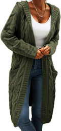 Women Hooded Open Front Cardigan Cable Knit Sweater - Soft, Casual