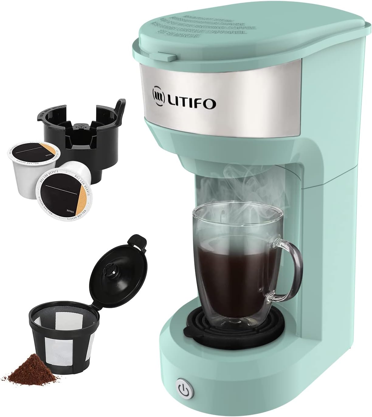 LITIFO 2-in-1 Single Serve Coffee Maker - Fast Brew, Self-Cleaning, 6-14oz Reservoir