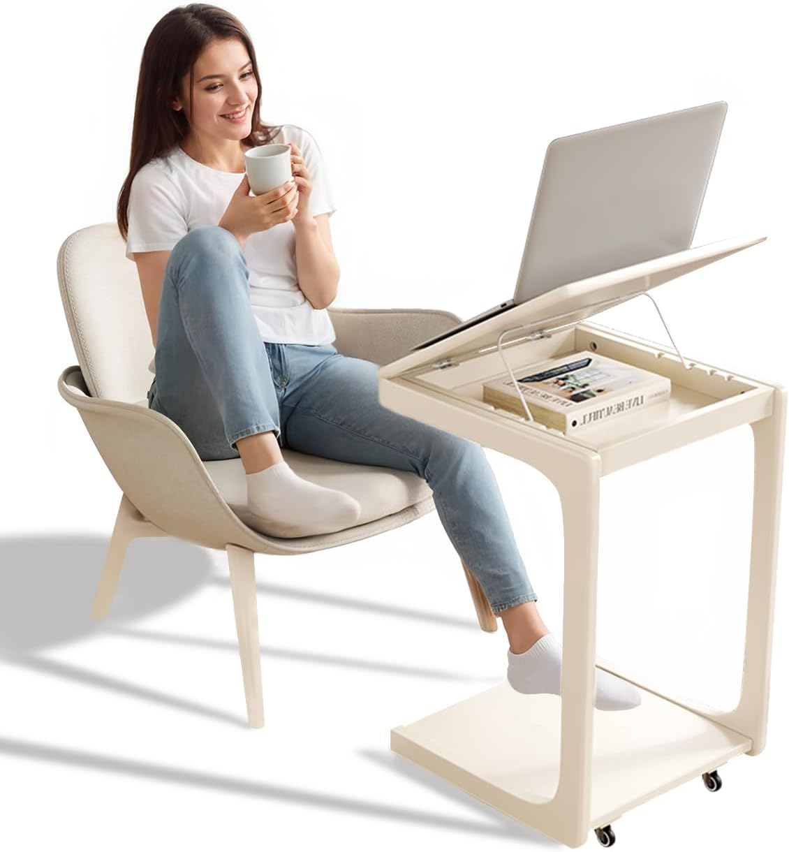 Wooden C-Shaped End Table with Adjustable Desktop for Living Room