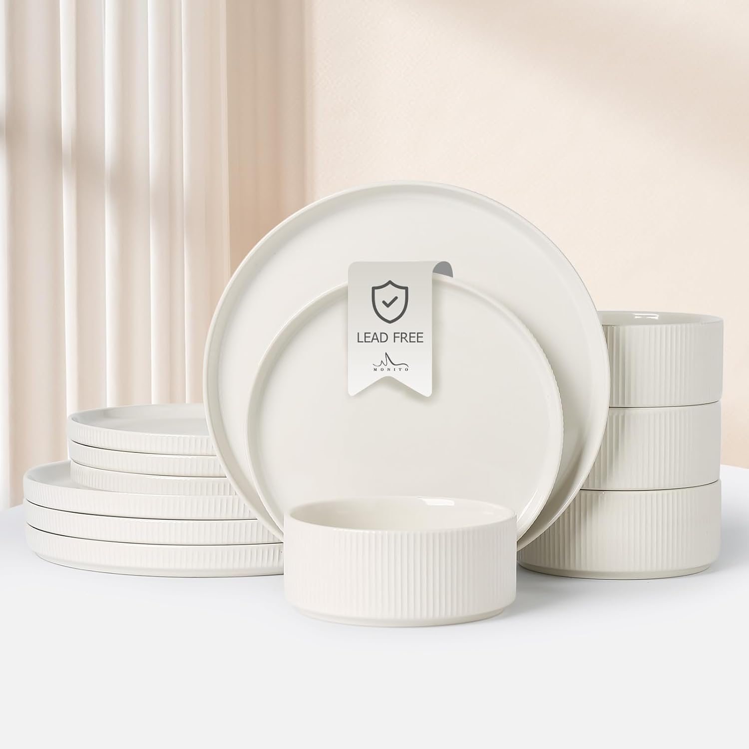 Unique MONITO Ceramic Plates and Bowls Set for 4, 12PCS Dinnerware