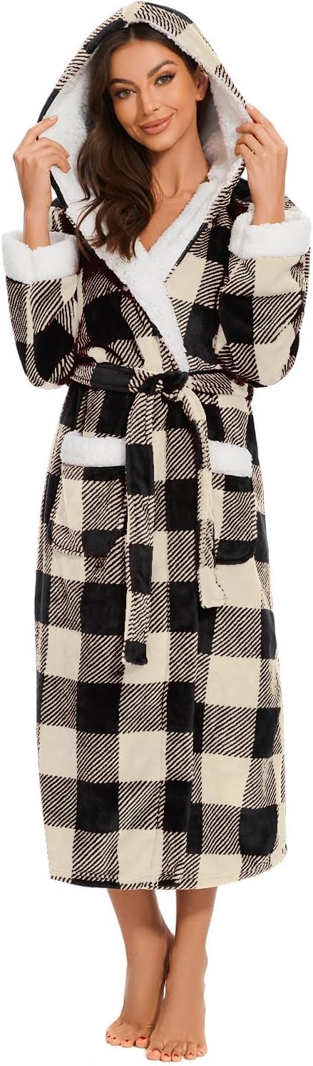 Devirld Plush Robes for Women - Cozy Hooded Bathrobe