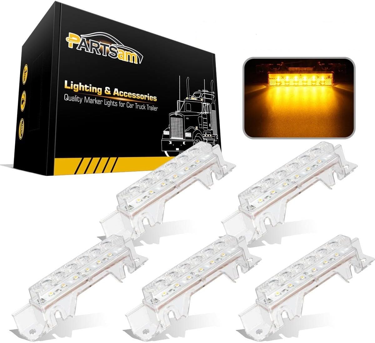 Partsam 5PCS Clear Lens 6LED Amber Cab Light for Trucks