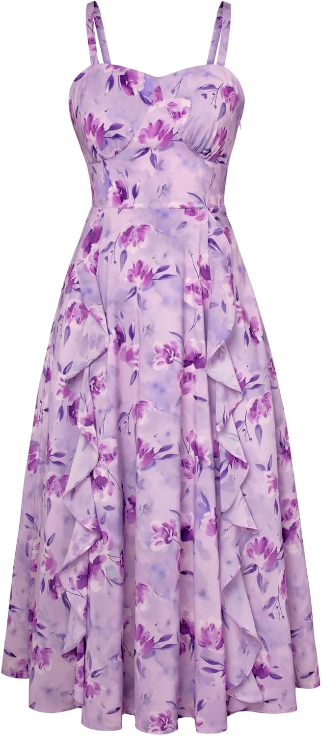 Belle Poque Boho Midi Sun Dress for Women - Casual Ruffle Style