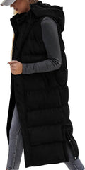 Long Puffer Vest for Women Quilted Hooded Button and Zip Up - Warm