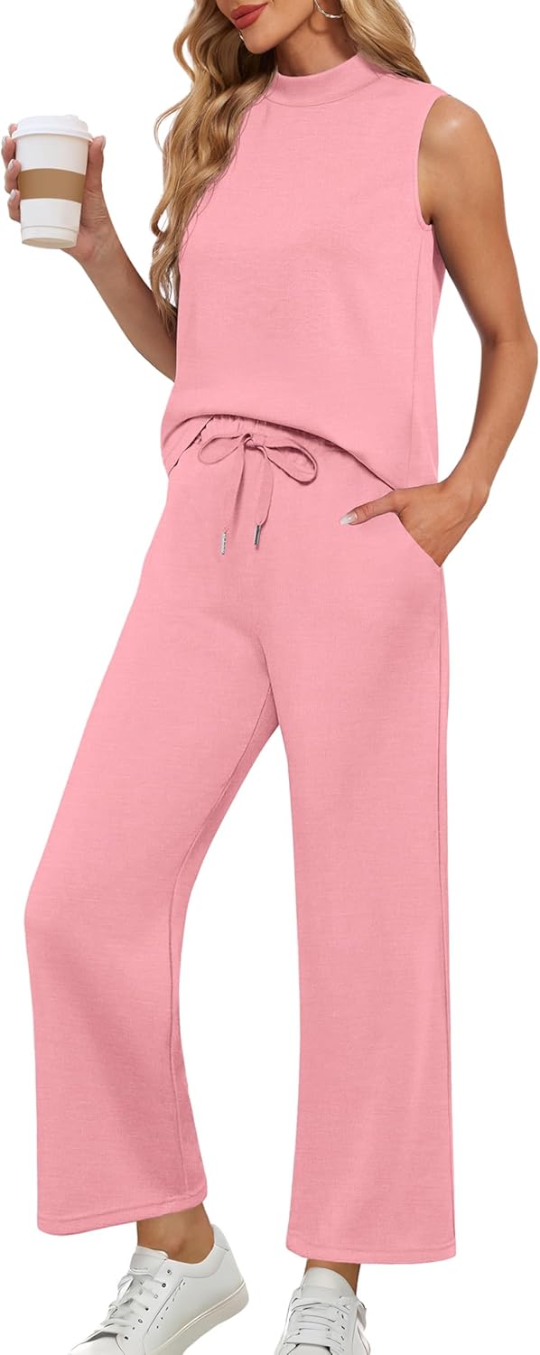 Lepunuo Two Piece Sets for Women Summer Mock Neck Style