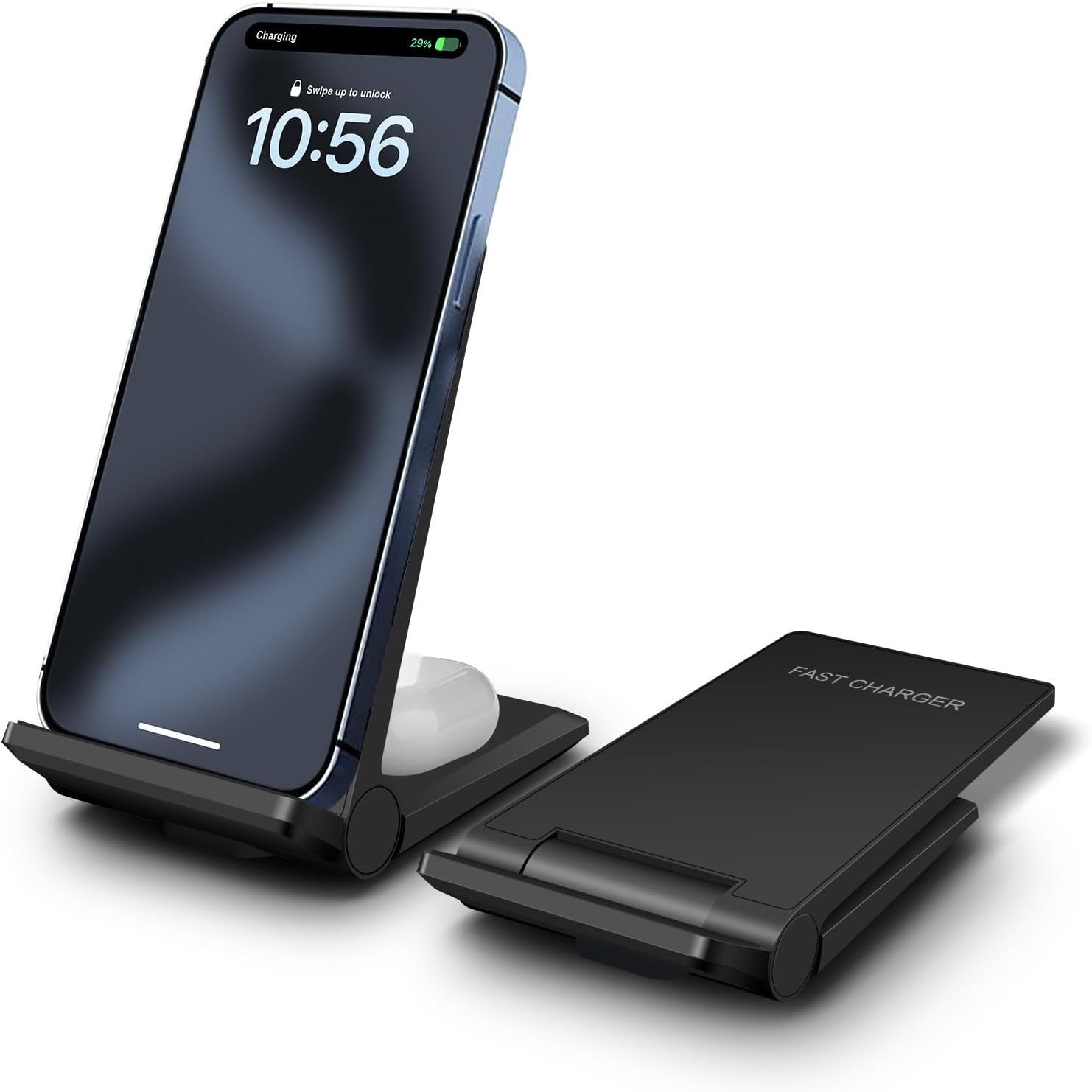 2-in-1 Fast Wireless Charger Stand - Quick Charge 20W - iPhone, AirPods, Samsung Galaxy - Black