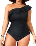 Plus Size One Piece Swimsuit One Shoulder Ruffle Tummy Control