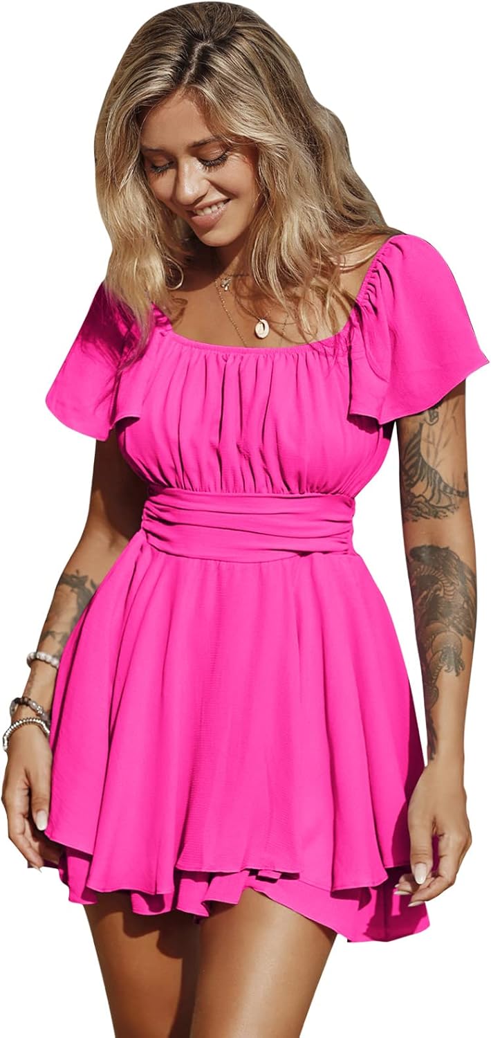 EXLURA Women's Summer Ruffle Short Sleeve Tie Back Romper Dress