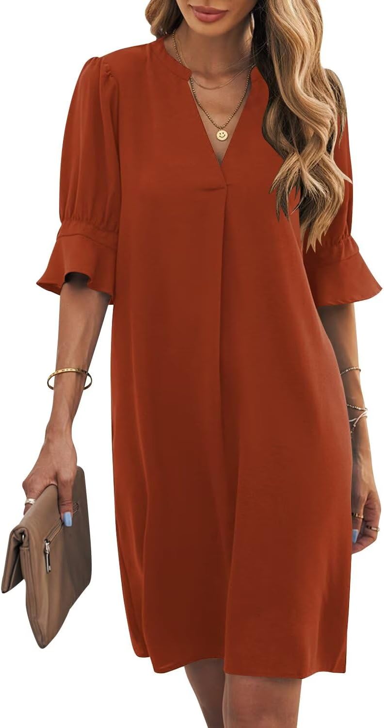 Wkior Shift Dress for Women V Neck Short Sleeves Casual Style