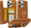iPhone 14 Pro Wallet Case with Ring Kickstand - Slim 4-Card Brown