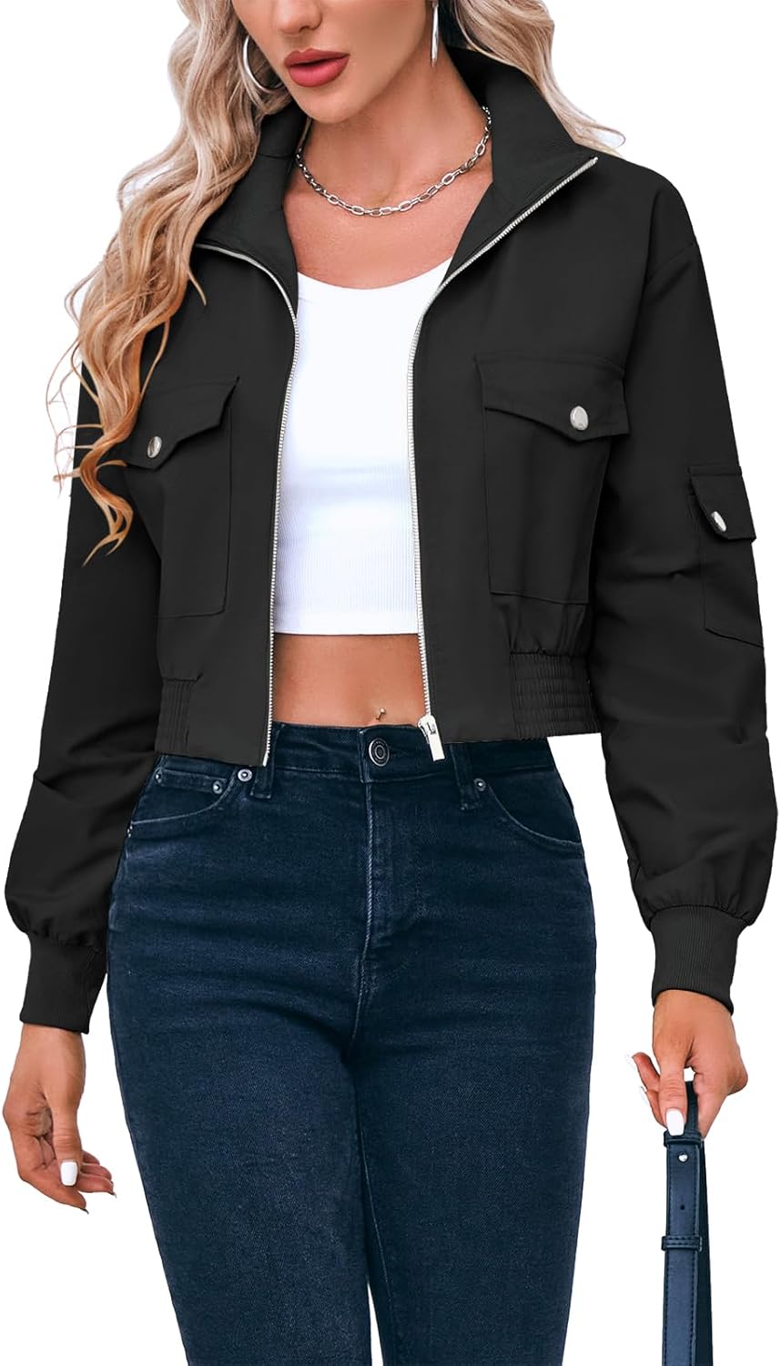 Fisoew Women's Cropped Bomber Jackets for Stylish Comfort