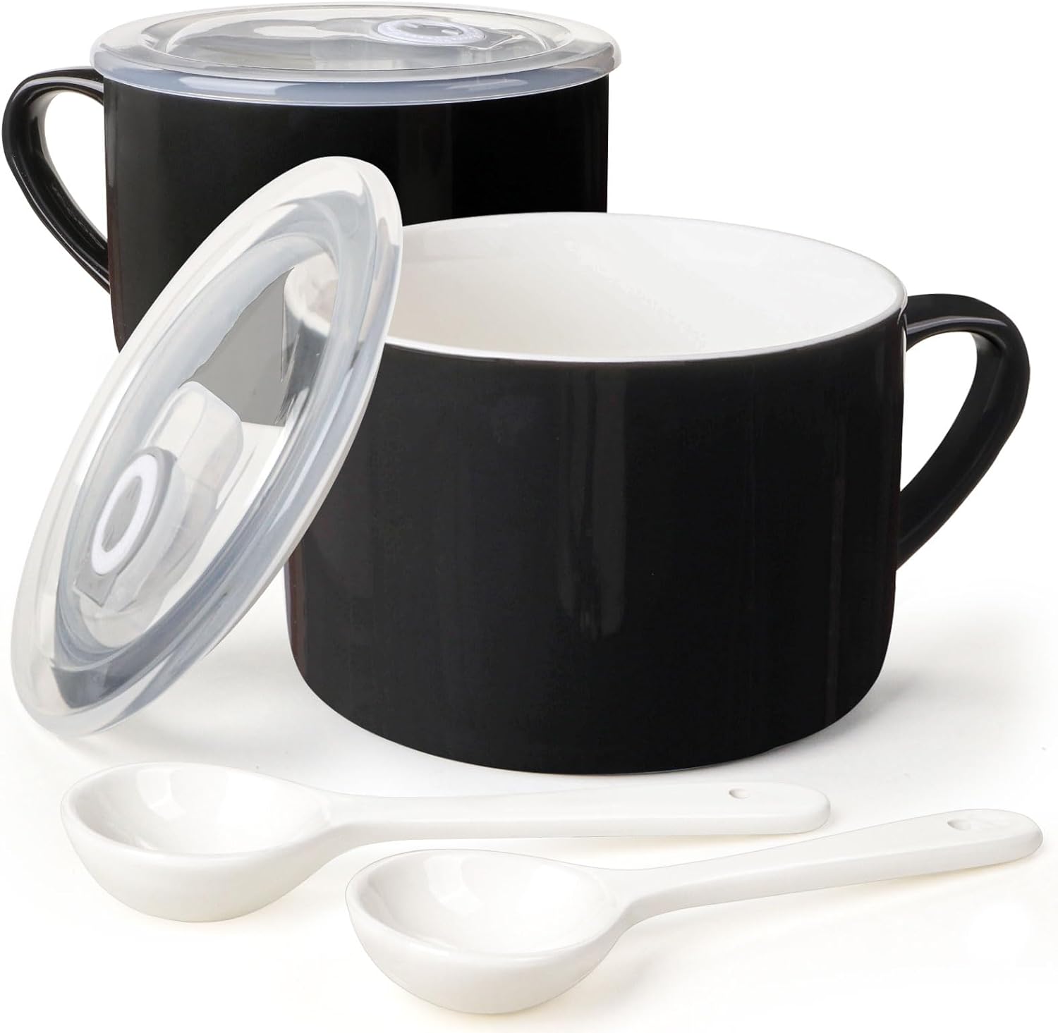 Large 30oz Ceramic Soup Bowls Set - Convenient Handles & Spoons, Stylish Black Design