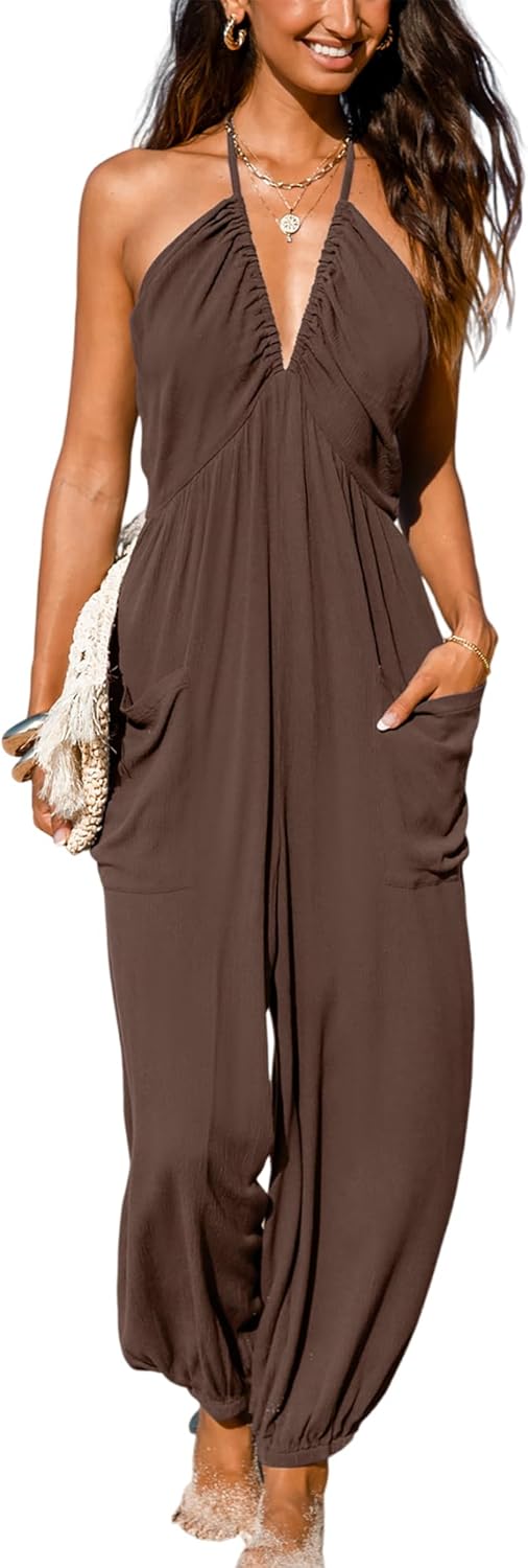 CUPSHE Women's Plunge Halter Sleeveless Pleated Long Romper