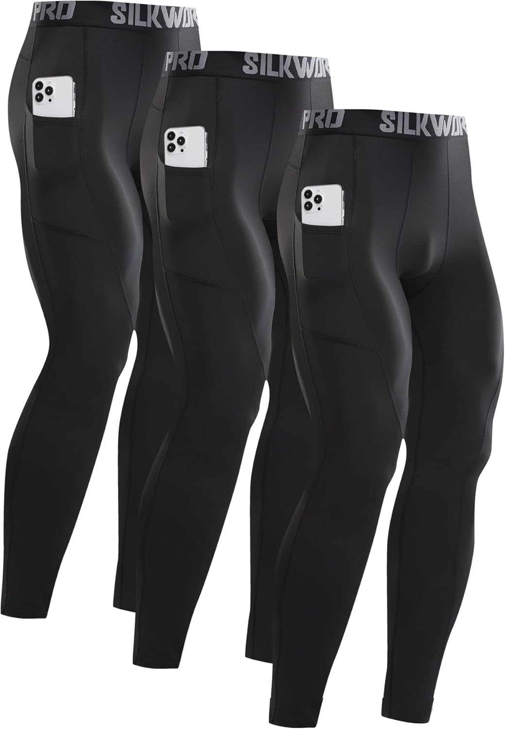 SILKWORLD Men's Compression Pants with Pockets for Gym Use