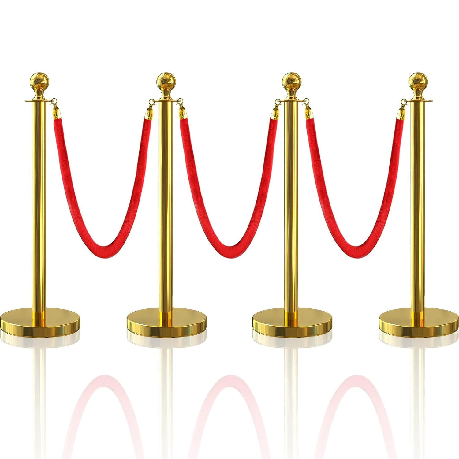4Pcs Gold Stanchion Post Queue Velvet Ropes Set for Events