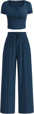 Womens 2 Piece Ribbed Knit Button Top and Wide Leg Pants - Comfortable