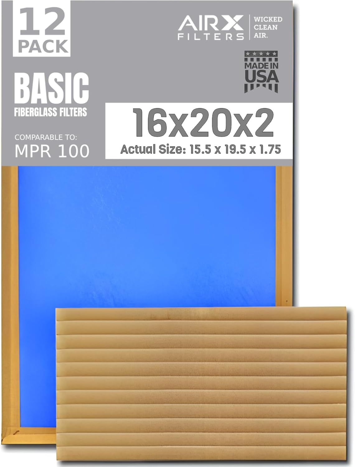 16x20x2 Air Filter for Dust - 12 Pack of Non Pleated Filters