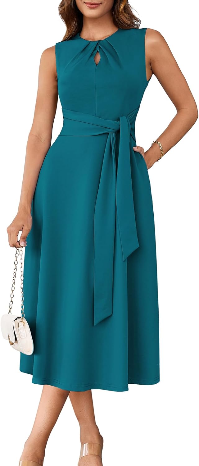 Elegant A Line Midi Dress for Women with Pockets and Tie Waist