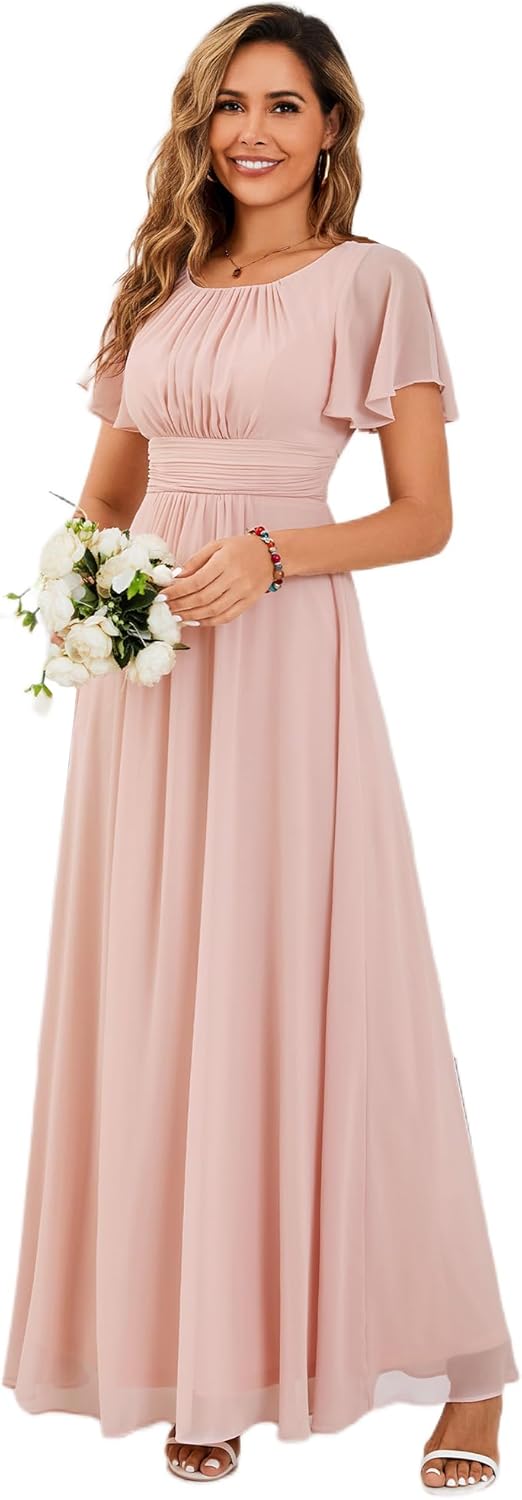 Elegant Round Neck Short Sleeves Chiffon Empire Waist Dress