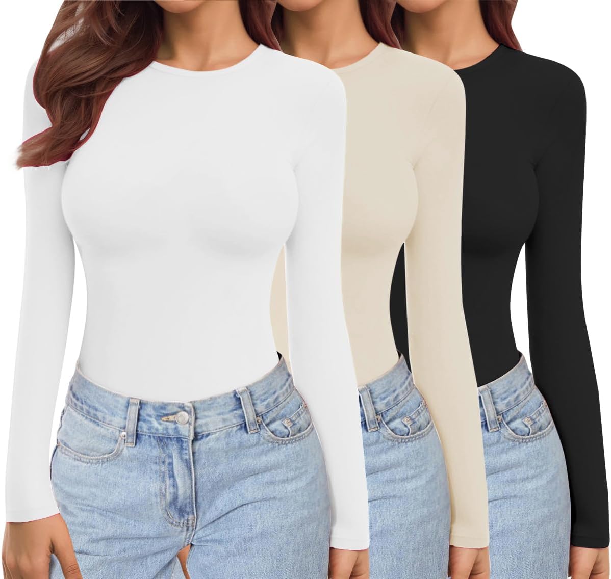 Ekouaer Womens Long Sleeve Shirts 3 Pack Trendy Basic Tops