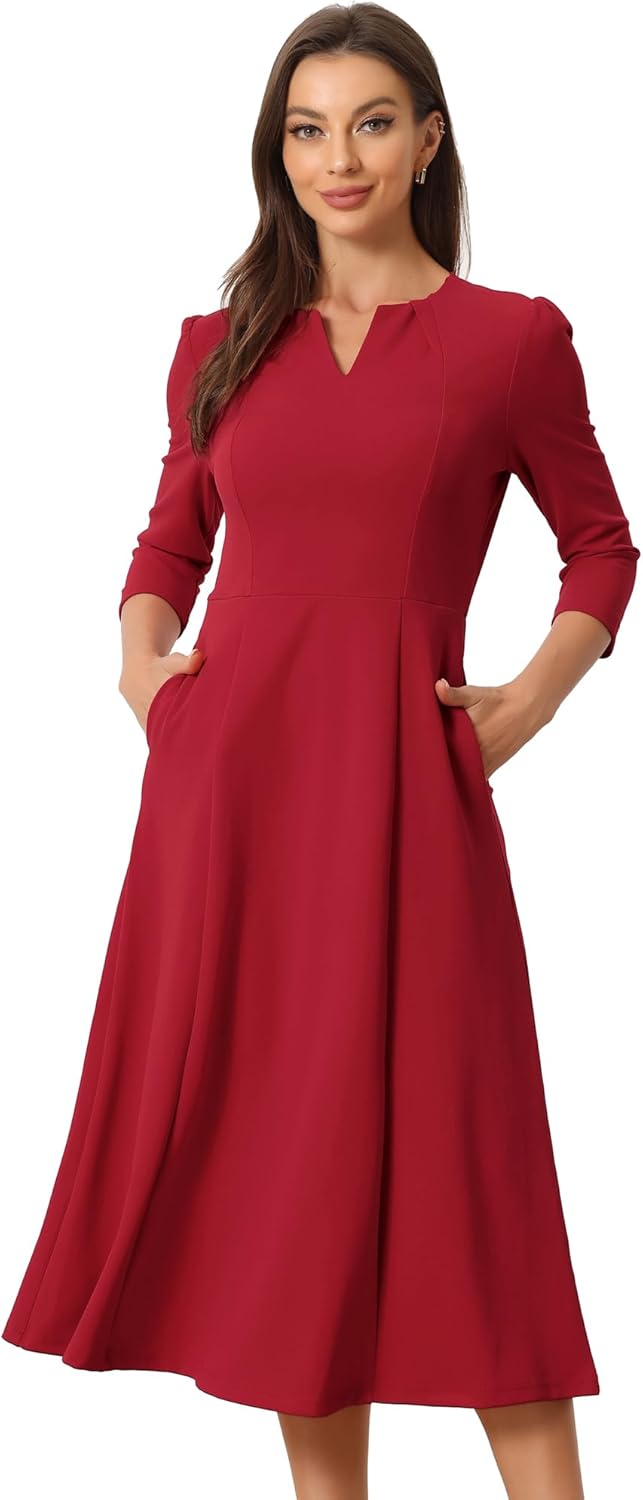 Allegra K Women's Elegant A-Line Midi Dress with Pockets
