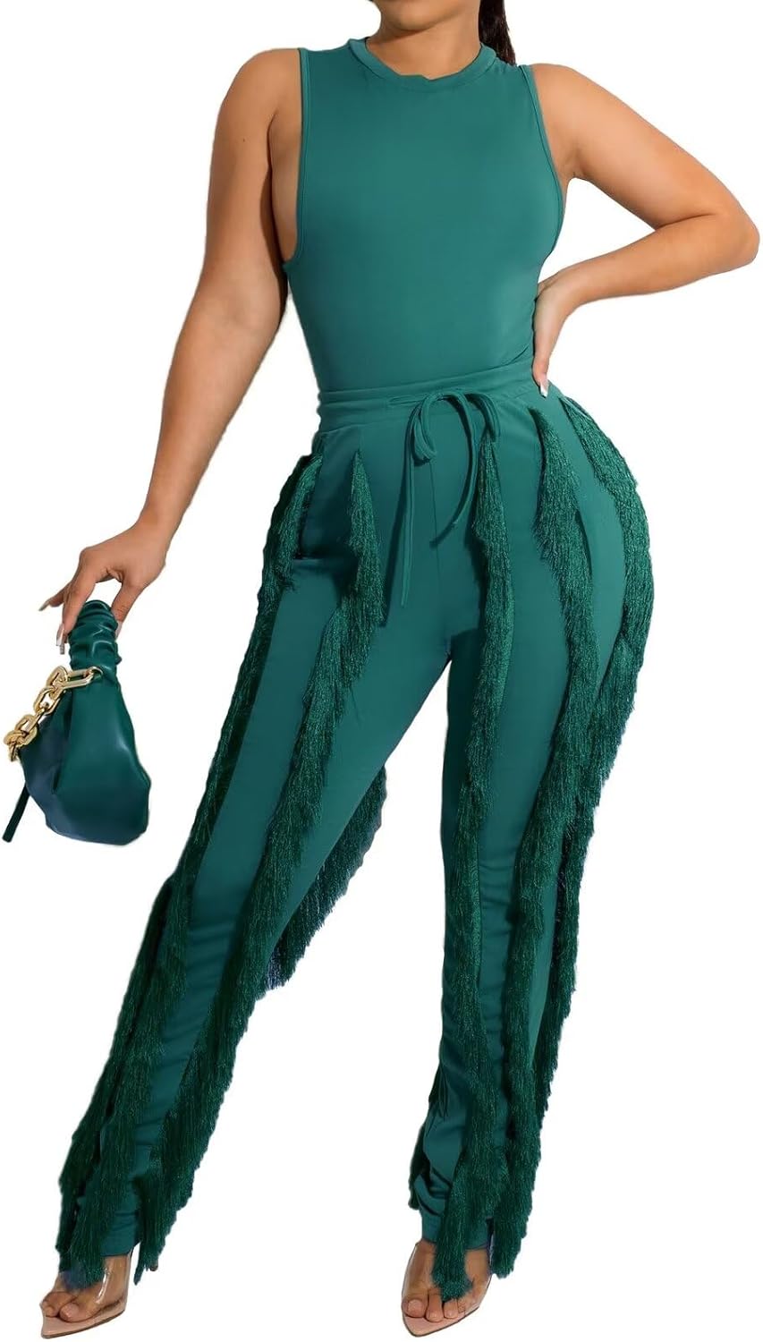 Sexy Two Piece Outfits for Women - Fringe Pants Set Style