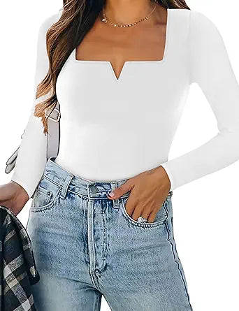 Stylish Women's Long Sleeve Thong Bodysuit with Square Neckline