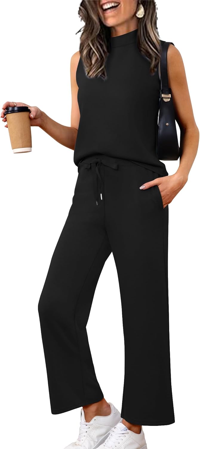 Women's Summer 2 Piece Outfits Mock Neck Tank Top Lounge Set
