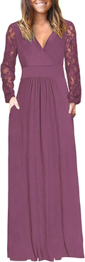 Womens Long Sleeve Maxi Dress Lace Sleeve Wrap Waist - Elegant Fit