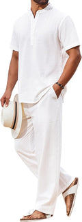 Men's 2 Piece Cotton Sets Casual Henley Shirt and Beach Pants COOFANDY