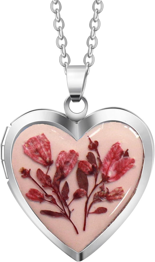 Handmade Dried Pressed Flower Heart Shaped Locket Pendant Necklace