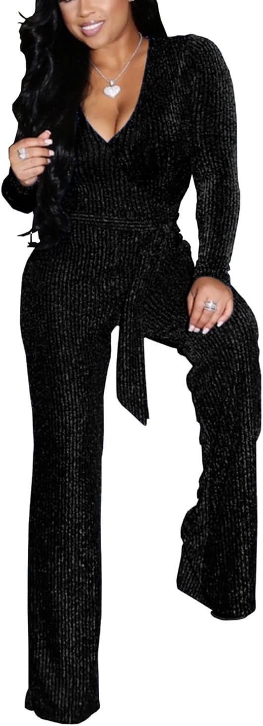 LightlyKiss Women Casual Sexy V Neck Sparkly Jumpsuits for Parties