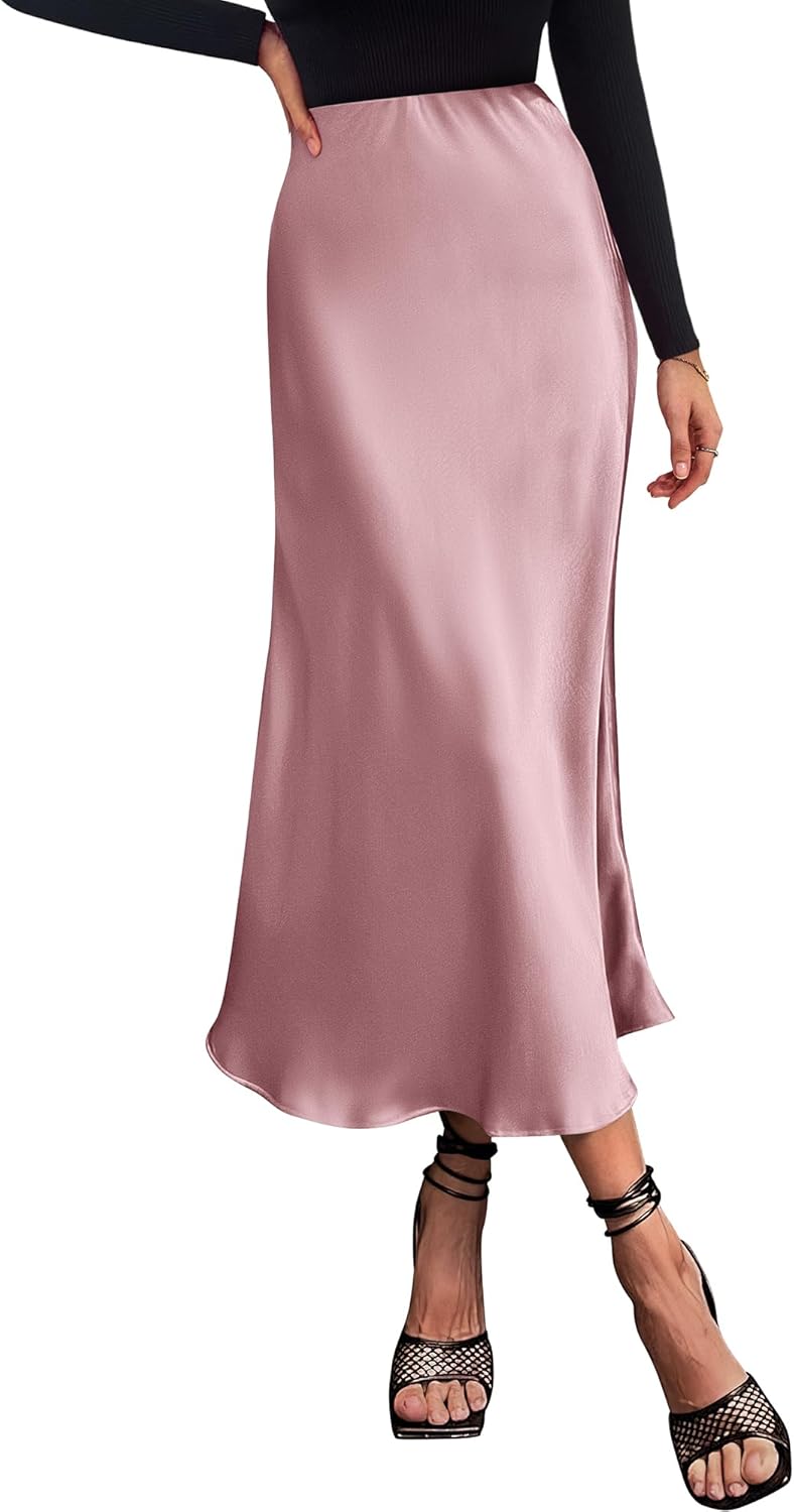 Elegant High Waist Satin Midi Skirt for Women by BTFBM