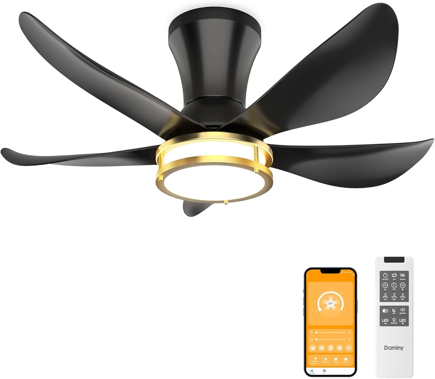 Modern 30 Inch Black and Gold Ceiling Fan with Light and Remote