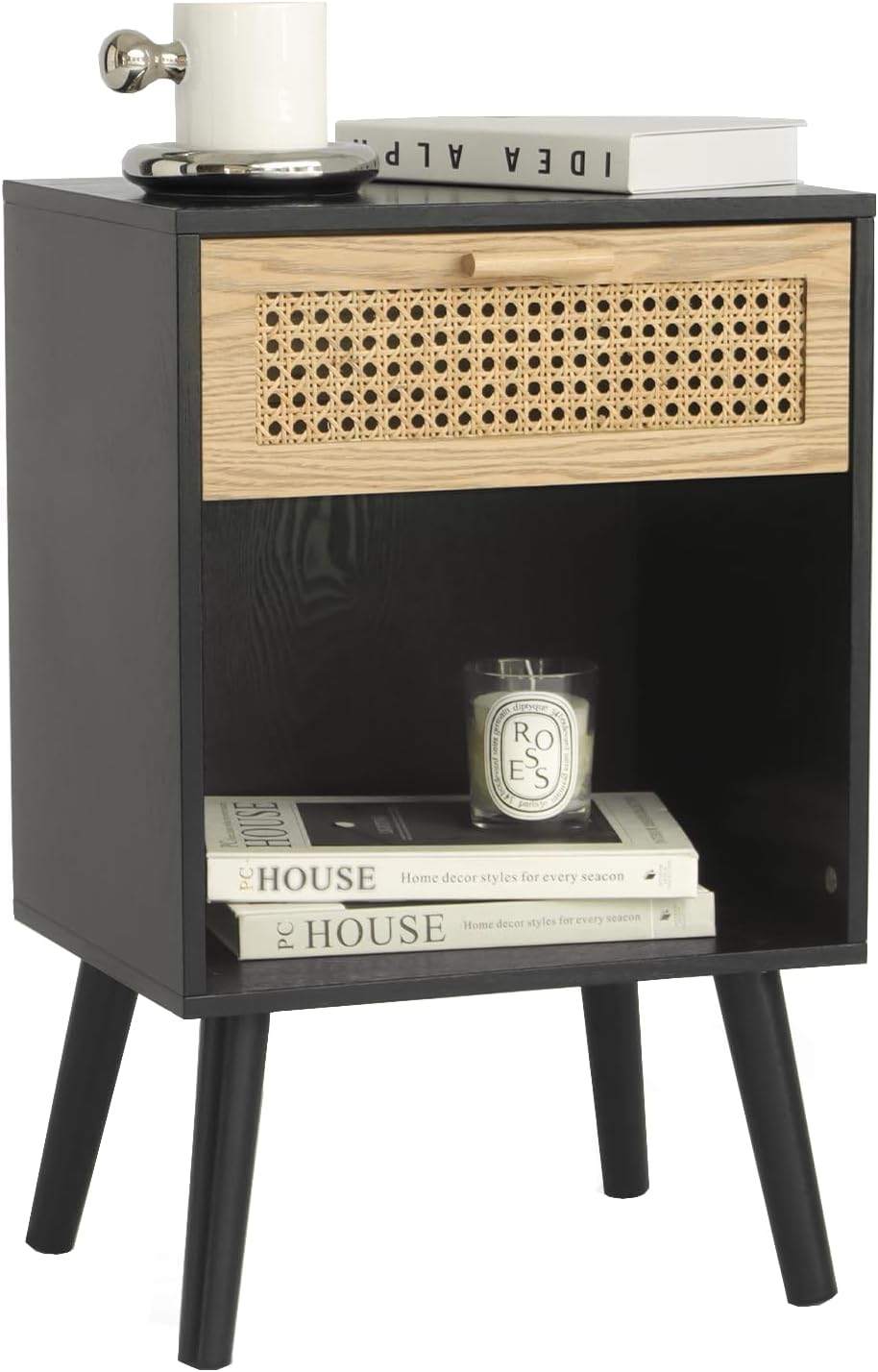 MaxSmeo Mid Century Modern Nightstand with Rattan Drawer