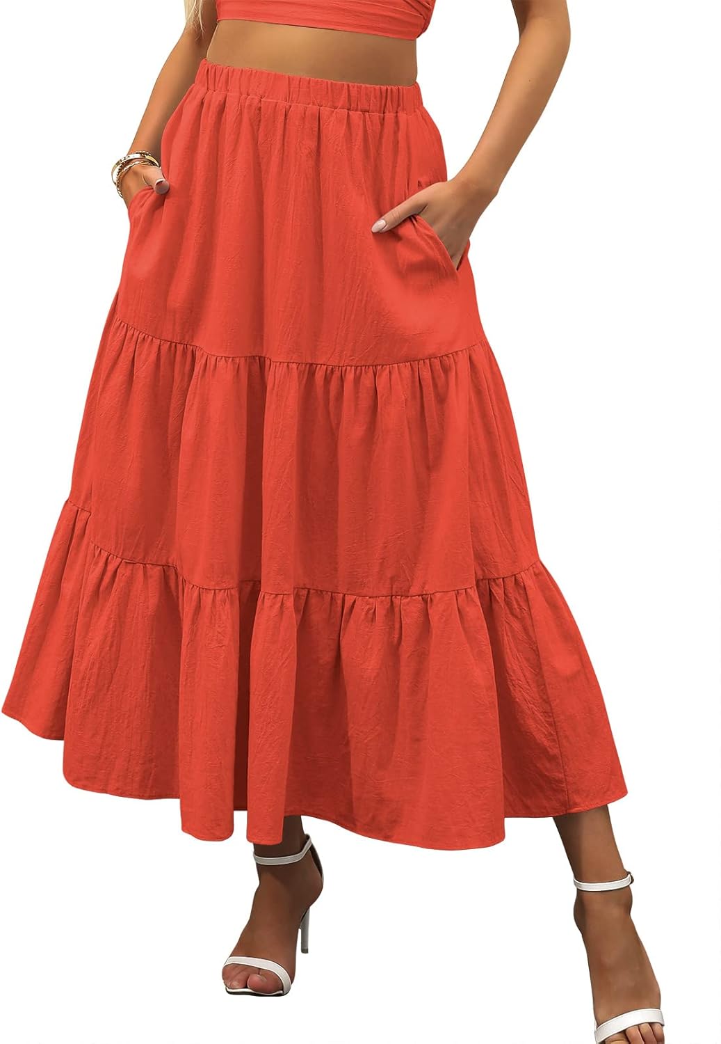 Womens Summer Boho Flowy Swing Tiered A-Line Maxi Skirt