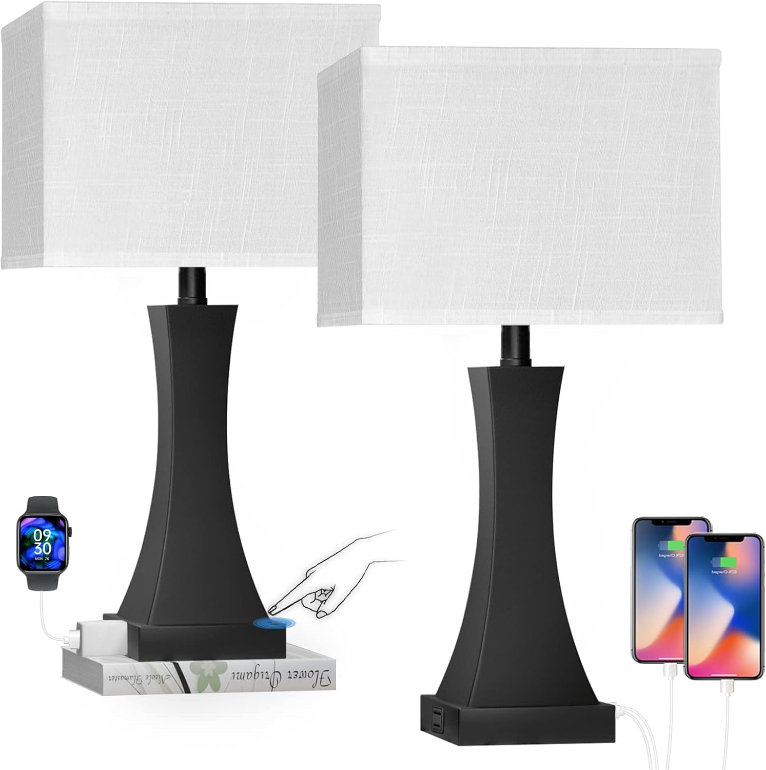 Touch Control Table Lamps Set of 2 with USB Charging Port