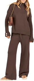 Women's 2 Piece Knit Lounge Set - Loose Fit Sweater & Wide Leg Pant