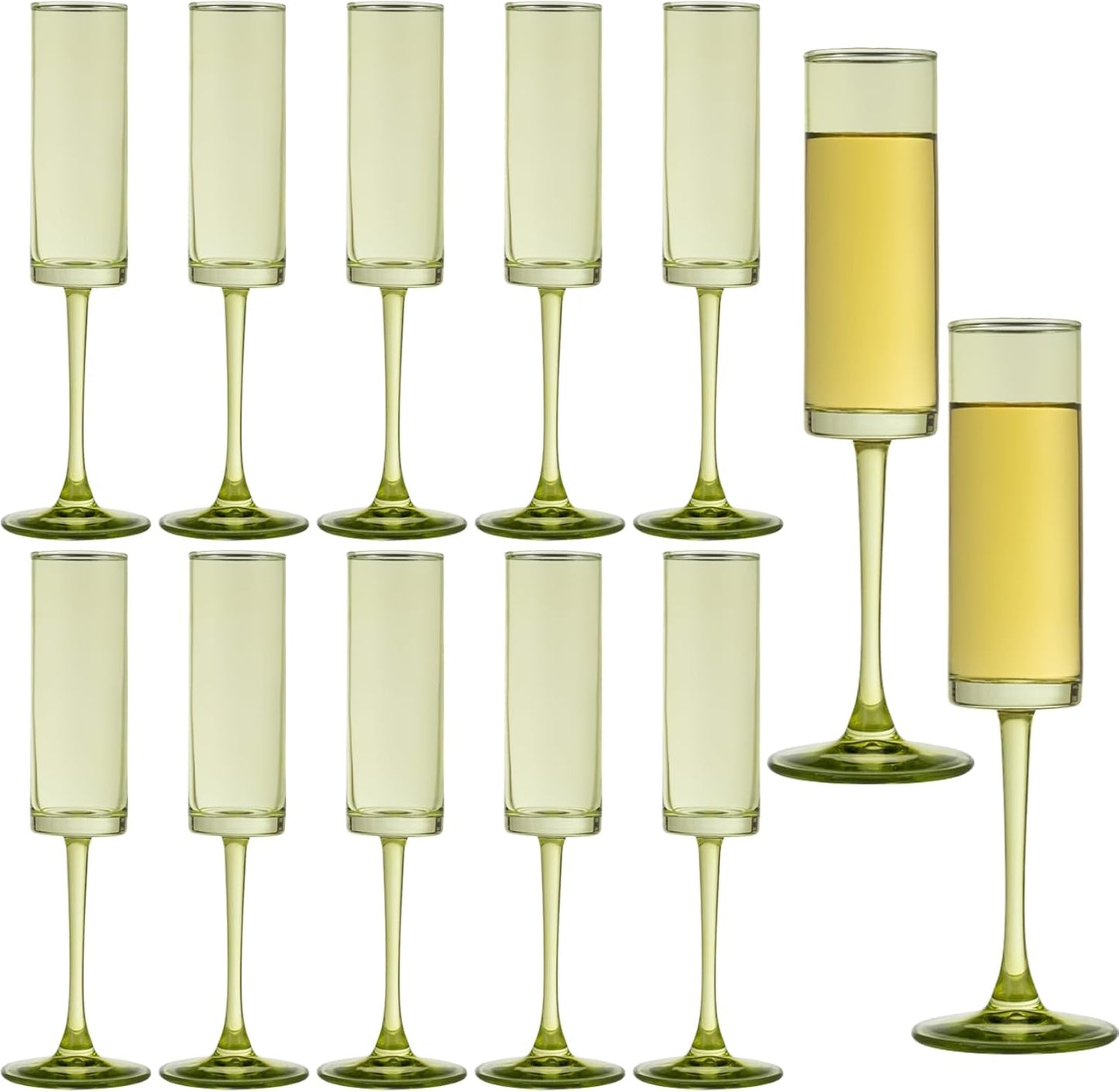 12 Hand Blown Green Champagne Flutes for Elegant Celebrations