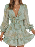 Deep V Neck Knotted Tiered Chiffon Mini Dress - Lightweight Summer