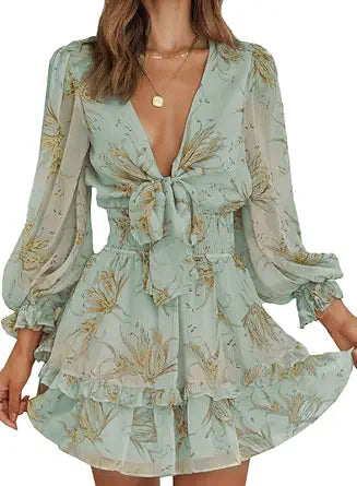 Dokotoo Womens Summer Deep V Neck Knotted Mini Dress Review