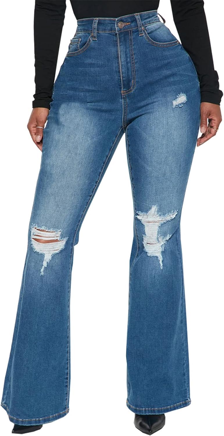 Ripped High Waisted Bell Bottom Jeans for Women - Classic Flared Denim