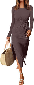 Womens Long Sleeve Maxi Dress Slim Fit Tie Waist - Fall 2025